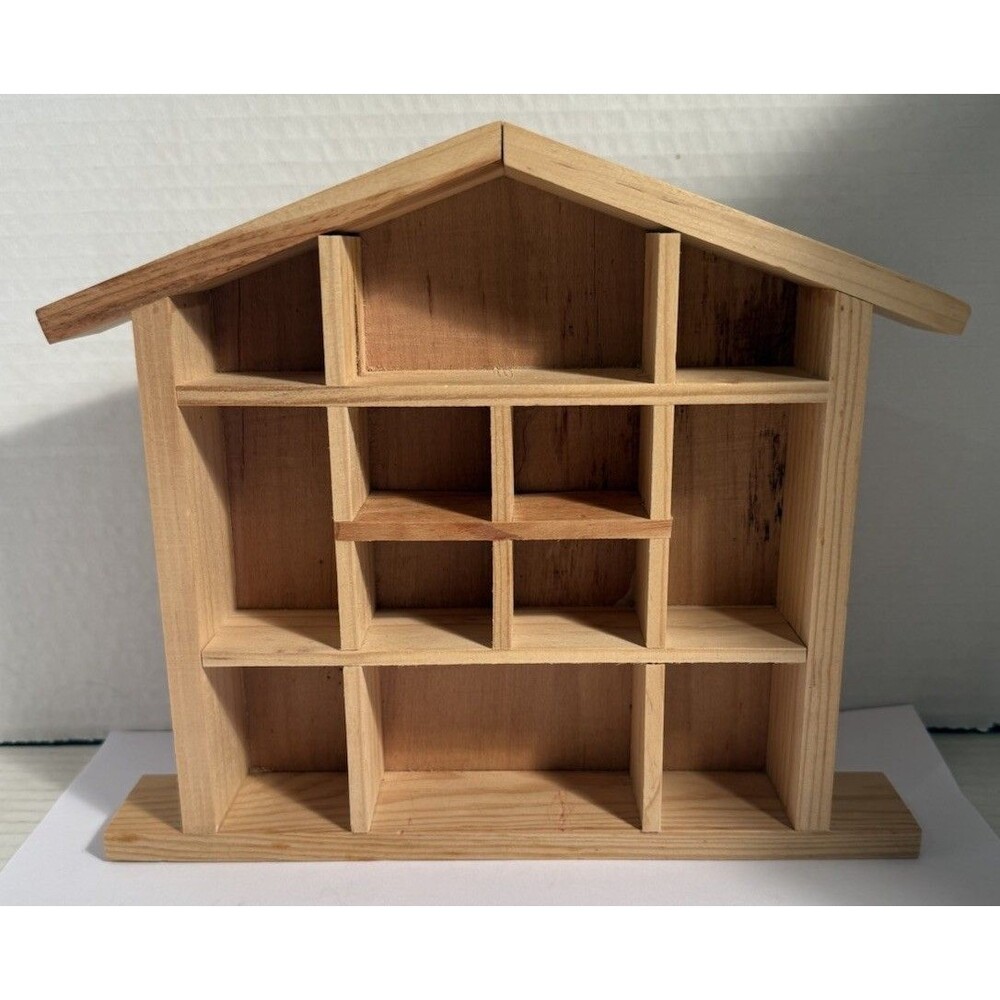 Wooden House Shaped Shelf Collectibles Miniatures 7.5”x9”x1.25” 12 Openings
